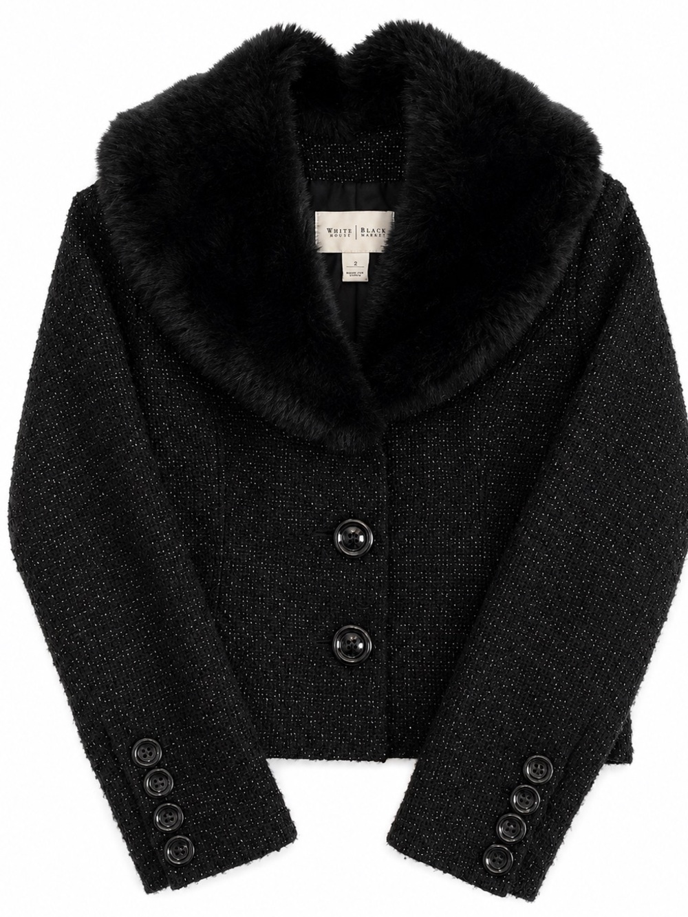 WHBM Black Cropped Blazer Jacket with Faux-Fur Detachable Collar size 2